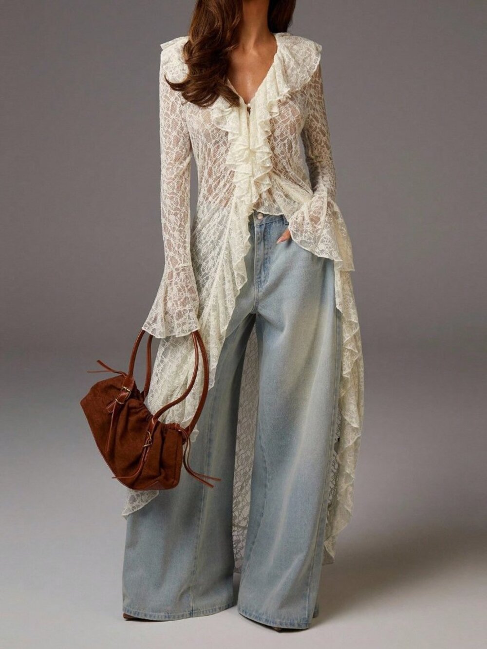 White Boho Women's Sheer Ruffle Long Sleeve Maxi Dress